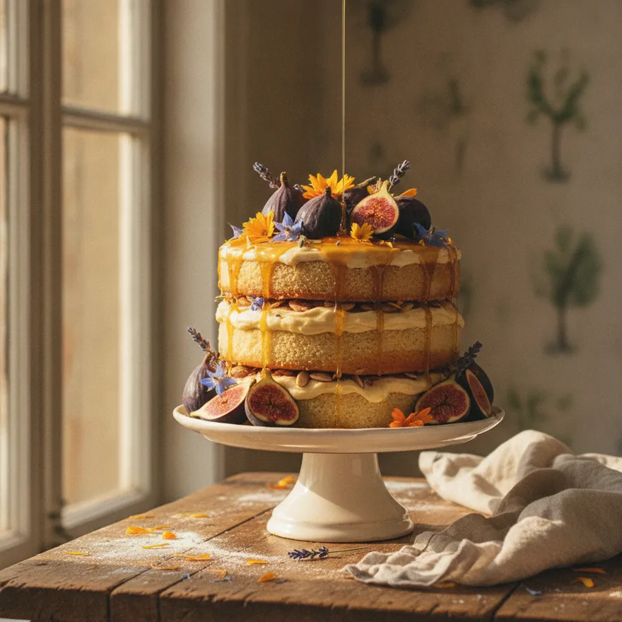 A semi-naked honey-almond celebration cake decorated with figs and edible flowers on a stand.