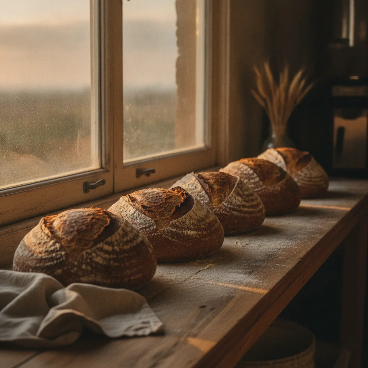 A row of dark-crusted sourdough boules resting on a flour-dusted wooden counter in morning light.