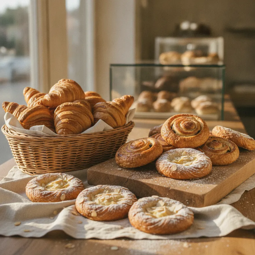 Golden flaky croissants, pain au chocolat and almond danishes dusted with sugar.