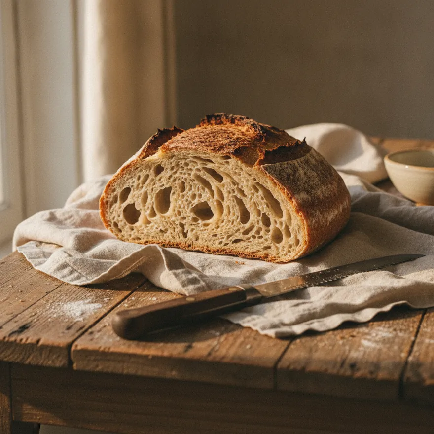 A cut sourdough country loaf revealing an open, airy crumb on a linen cloth.